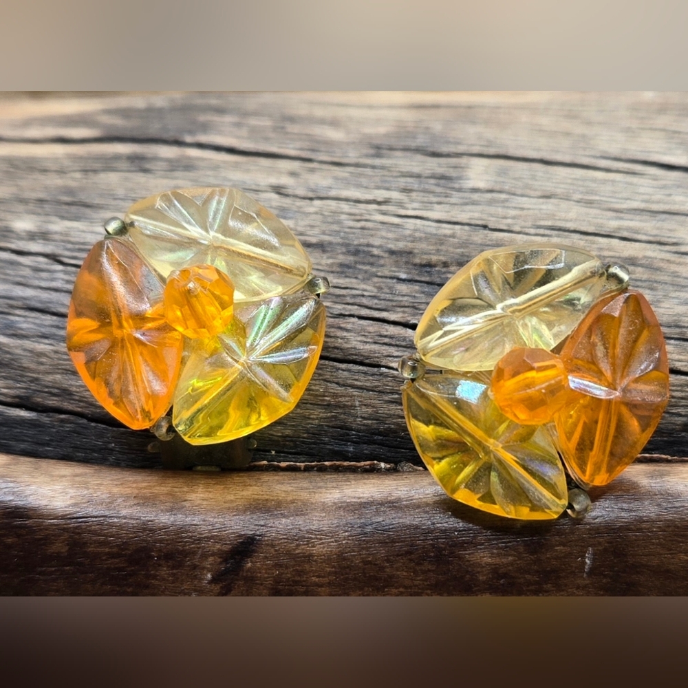 W Germany Clip-on Earrings Molded Plastic Yellow & Orange 1" Square Vintage